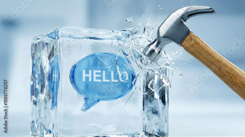 Wallpaper Mural Hammer smashing transparent ice block with embedded blue hello speech bubble. Breaking the ice metaphor for starting conversation and social introduction. Concept of first contact in communication Torontodigital.ca