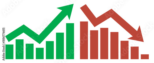 Graph going down and up sign, vector arrows green and red, bar chart illustration, depicting sales growth and decline, business and finance concept