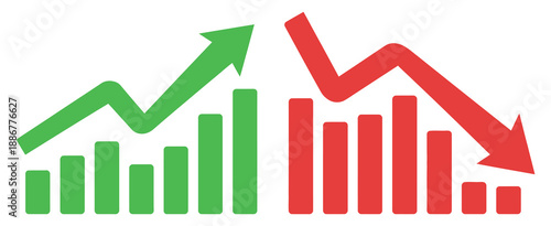 Graph going down and up sign, green and red arrow vector, bar chart symbols, sales decrease, growth illustration, business analytics, financial reporting graphic