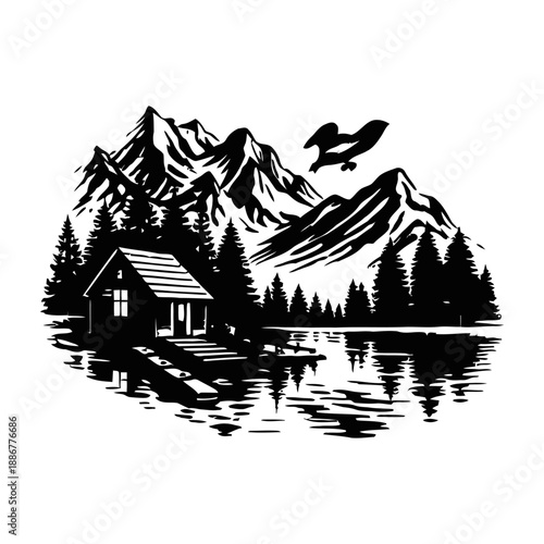 House on the water surrounded by nature and trees