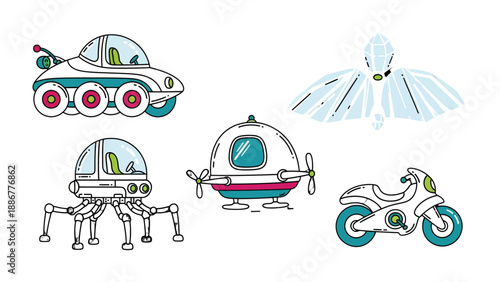 Futuristic Transport Collection: A vibrant assortment of unique transportation concepts, including space vehicles, and advanced motorcycles, showcasing creative design and imagination.