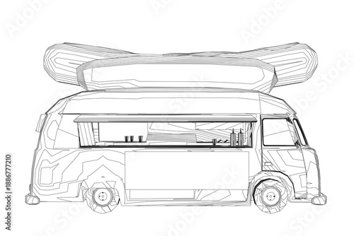 A classic camper van with a hotdog on top, drawn in black and white contour lines against a clean white background.