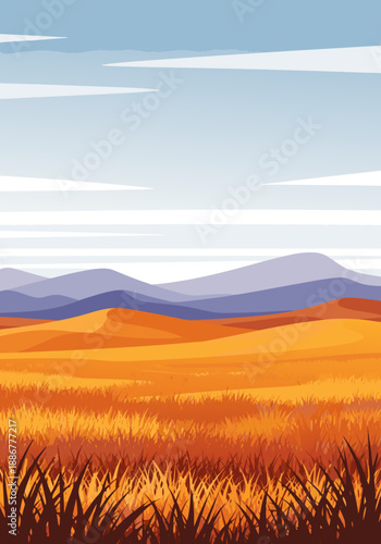Vibrant desert landscape vector illustration with rolling hills and golden grasses