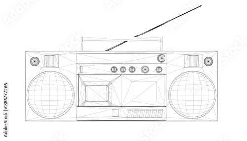 A vintage boombox line drawing features a rectangular shape with a top handle. Detailed front speakers, buttons, and side knobs define this retro tape recorder and radio.