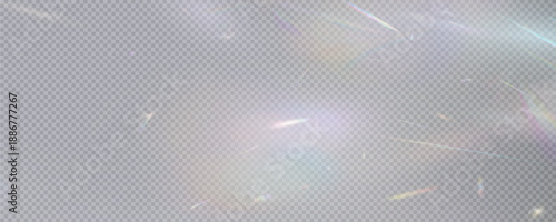 Set of rainbow light flares, reflection effect, falling confetti. Light rainbow lights with transparent effect, sparkling prism, stripe overlay, rainbow crystal, vector, png.	
