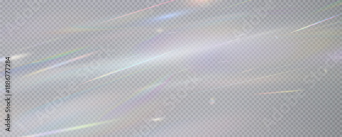 Set of rainbow light flares, reflection effect, falling confetti. Light rainbow lights with transparent effect, sparkling prism, stripe overlay, rainbow crystal, vector, png.