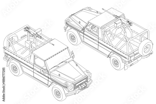 Detailed drawing of a rugged 4x4 vehicle with a visible four-wheel drive system, presented on a clean white background for a crisp and clear technical illustration.