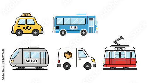 Transportation vehicles in illustration: A collection of various vehicles is showcased with bright colors and modern illustration style. This image is perfect for the diverse concepts of travel.
