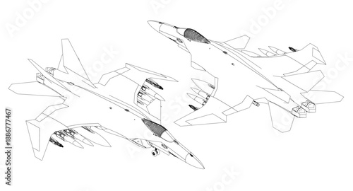 Two fighter jets fly side by side in detailed black and white sketch art, featuring wings, engines, and tail fins. This military aircraft coloring page to print for personal or educational.