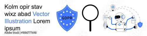 Data privacy, artificial intelligence, data management, cybersecurity, online safety, GDPR compliance. Blue shield with GDPR text, magnifying glass robot managing data flow. Data privacy and AI
