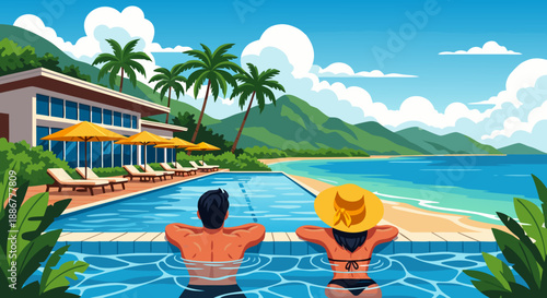 Vector illustration of a couple enjoying a luxurious vacation by an infinity pool overlooking a tropical beach and ocean