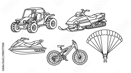 Vehicles for Adventure: A collection of vehicles, including a dune buggy, snowmobile, jet ski, mountain bike, and parachute.