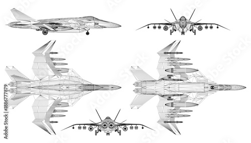 Unique fighter jets in symmetrical black and white illustration, featuring detailed wings, engines, and visible weaponry like missiles.