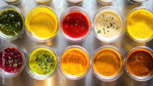 Assortment of Colorful Condiments in Plastic Containers on a Metal Surface with Soft Natural Lighting for Culinary and Food Blogging