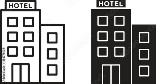 Hotel Building Icons – Outline and Filled Style Comparison
