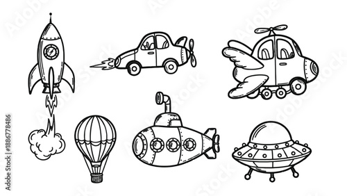 Vehicular Adventures: A captivating collection of vehicles, including a rocket, car, plane, hot air balloon, submarine, and ufo, awaits a thrilling journey, rendered in sleek monochromatic lines.