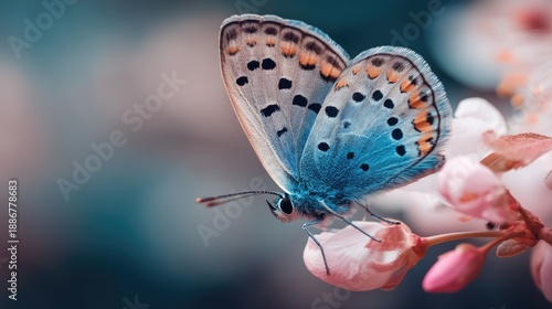 Vibrant Blue Butterfly Perched on Delicate Pink Flower with Soft Focus Background in Nature’s Beauty, Showcasing Intricate Patterns and Colors