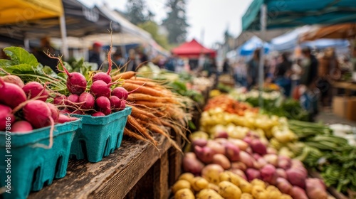 Wallpaper Mural Vibrant outdoor market scene, focusing on fresh produce in baskets, with a blurred background of shoppers and stalls Torontodigital.ca