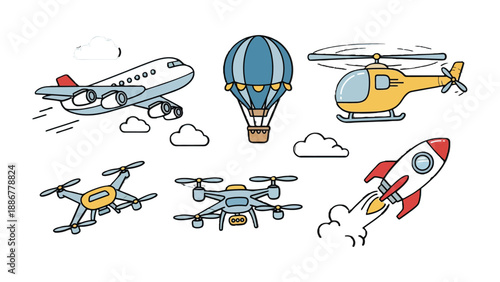 Assortment of Transport: A vibrant illustration showcases an array of vehicles, capturing the essence of air travel, exploration, and the advancement of technology.