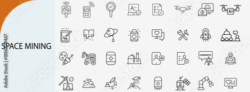 Space mining line icons set for galaxy exploration and asteroid resources