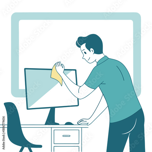 Young man cleaning computer screen with cloth in modern office  