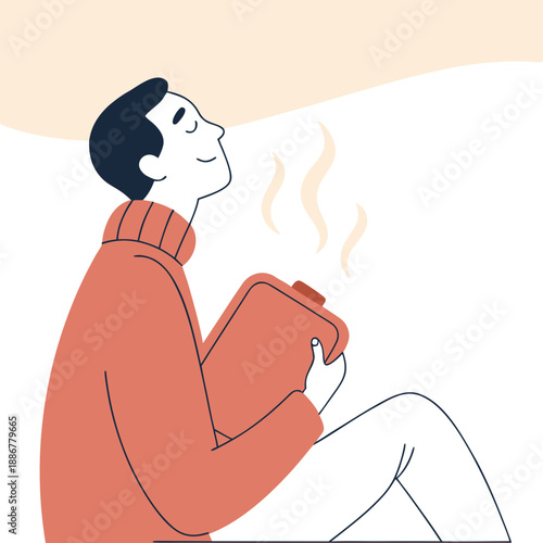 Man sitting and enjoying warmth from hot water bottle indoors  