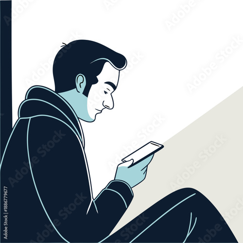 Young man sitting and using smartphone indoors with soft light  