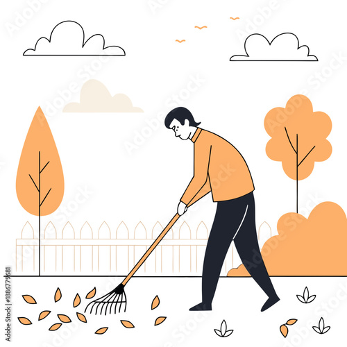 Man raking leaves in autumn garden scene with orange trees  
