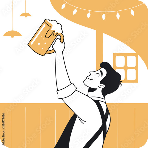 Man raising a beer mug in a modern bar setting  