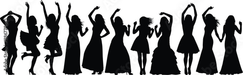 Women dancing silhouette icon set featuring female party celebration poses joyful movement nightlife energy isolated black vector figures