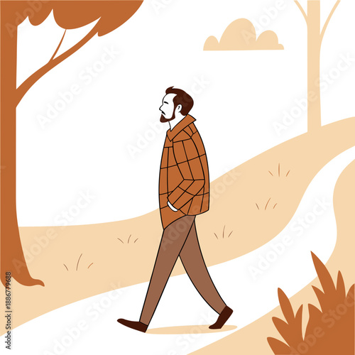 Man walking along a path in an autumn landscape with trees  