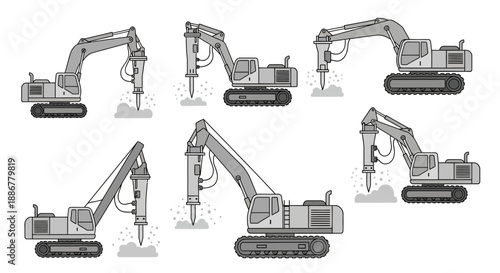 Industrial Hydraulic Breaker Excavators For Heavy Construction And Demolition Projects Set