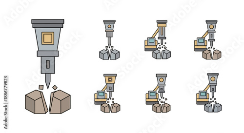 Industrial Hydraulic Breaker And Jackhammer Icons Illustrate Construction Demolition Tasks