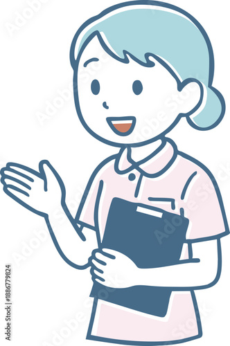 バインダーを持って笑顔で案内・説明をする看護師（医療スタッフ・女性・案内・受付・問診）