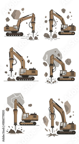 Industrial Hydraulic Breaker Machine Demolishing Rocks With Power On Construction Site