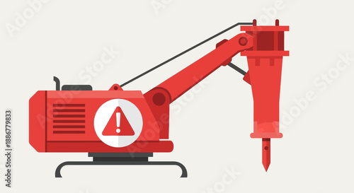 Industrial Hydraulic Breaker With Critical Caution Alert Vector Illustration