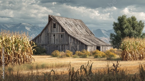 Wallpaper Mural Weathered wooden barn amidst golden cornfields, under a cloudy sky with distant mountains. Rural scene evokes peaceful solitude Torontodigital.ca