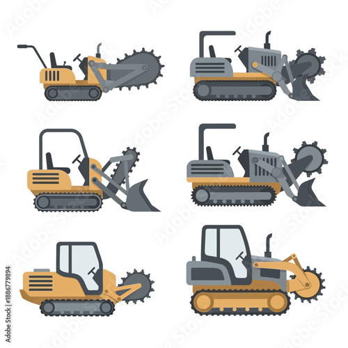 Industrial Tracked Trenchers Collection For Construction And Earthwork Projects Vector Art