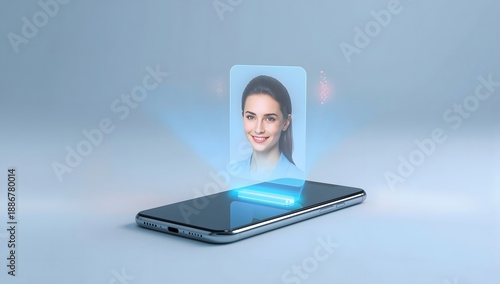 Futuristic Concept of Holographic Display of Smiling Woman on Phone