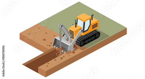 Industrial Yellow Excavator Digging Deep Trench On Construction Site Isometric View Vector Graphic