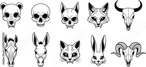 Animal skull illustration and silhouette icon set featuring wild creature heads bones tattoo style isolated black and white vector designs
