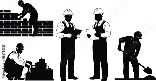 Construction worker silhouette icon set showing builders engineers inspecting plans bricklaying digging and industrial labor isolated black vector figures