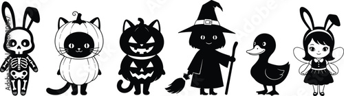 Cute Halloween character silhouette icon set featuring bunny skeleton pumpkin cat witch duck fairy costumes isolated black vector 