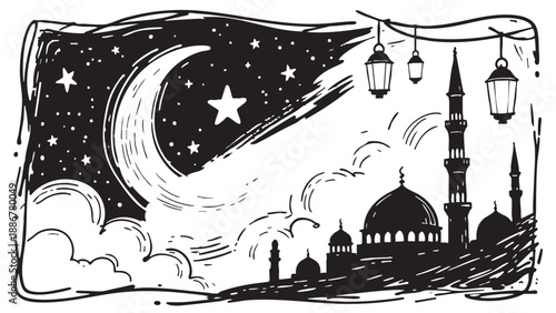 A hand-drawn black and white sketch featuring a mosque silhouette under a starry night sky with a crescent moon and hanging festive lanterns