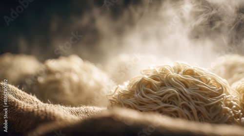 Freshly Cooked Noodles with Steam Rising in a Warm Kitchen Setting, Perfect for Food Recipes and Culinary Inspiration
