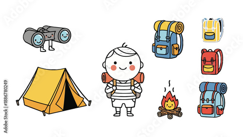 Happy Camper: A delightful illustration of a young explorer ready for an exciting camping adventure, complete with essential gear.
