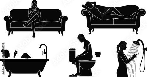 Woman daily life silhouette icon set showing relaxation bathing showering resting at home lifestyle isolated black vector figures