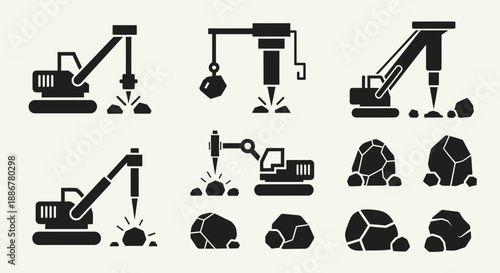 Industrial Mining And Construction Icons Heavy Machinery Breaking Rocks Elements Collection