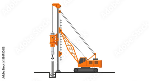 Industrial Pile Driver Equipment Illustration For Foundation Building Projects On Construction Site