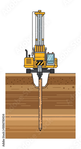 Industrial Pile Driver Machine Installing Foundation Into Layered Earth Underground View